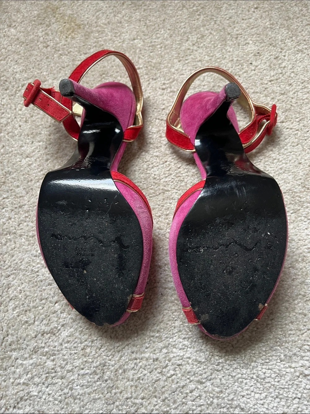 Nina Two-Tone Pink and  Red Suede Open-Toe Heels
